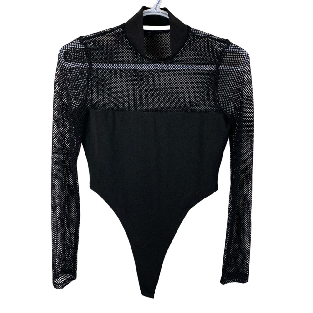 One Clothing sz S Black Mesh Sheer Mock Turtleneck Bodysuit Sexy Long Sleeve